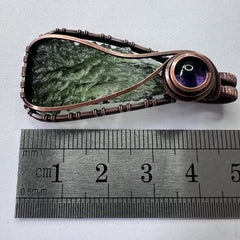 Moldavite & Amethyst Copper Pendant 2.39g