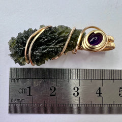 Gold Wrapped Moldavite & Amethyst Pendant - 3.21g