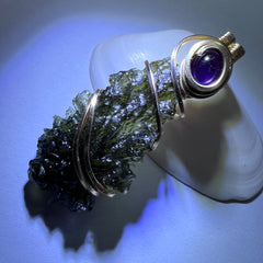 Gold Wrapped Moldavite & Amethyst Pendant - 3.21g