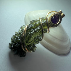 Gold Wrapped Moldavite & Amethyst Pendant - 3.21g