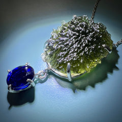 Exquisite Moldavite & Ceylon Sapphire Silver Necklace