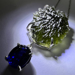 Exquisite Moldavite & Ceylon Sapphire Silver Necklace