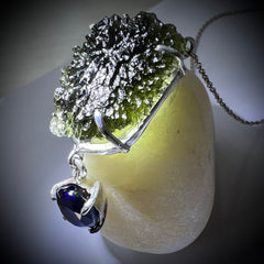 Exquisite Moldavite & Ceylon Sapphire Silver Necklace