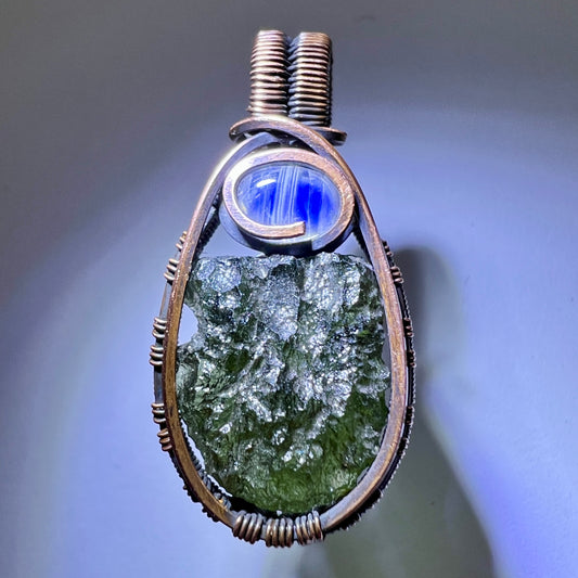 Moldavite & Moonstone Set in Copper Pendant