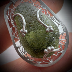 Ornate Moldavite Necklace - Phodium plated Sterling silver.