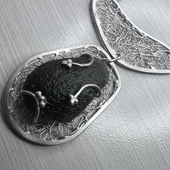 Ornate Moldavite Necklace - Phodium plated Sterling silver.