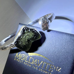 Wrought solid sterling silver Moldavite cuff bracelet