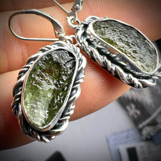 Oval Shaped Moldavite Silver Earrings – 9.04g
