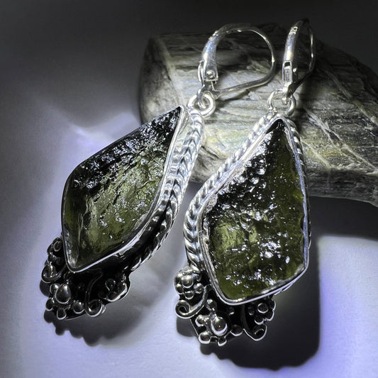 Diamond-Shaped Moldavite Silver Earrings
