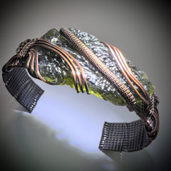 Substantial Moldavite Bracelet — Handwoven in Antiqued Copper