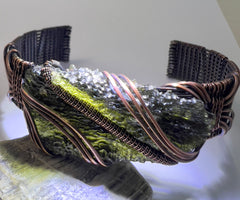 Substantial Moldavite Bracelet — Handwoven in Antiqued Copper