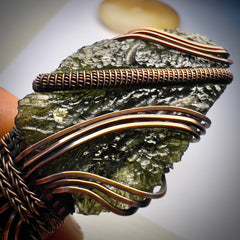 Substantial Moldavite Bracelet — Handwoven in Antiqued Copper