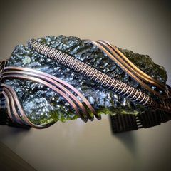 Substantial Moldavite Bracelet — Handwoven in Antiqued Copper