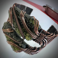 Substantial Moldavite Bracelet — Handwoven in Antiqued Copper