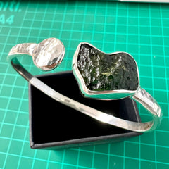 Wrought solid sterling silver Moldavite cuff bracelet