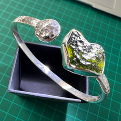 Wrought solid sterling silver Moldavite cuff bracelet