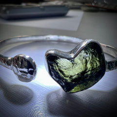 Wrought solid sterling silver Moldavite cuff bracelet