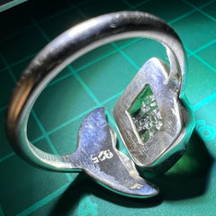 Whale Tail Motif Sterling Silver Moldavite Ring - Open Size 6 (M)