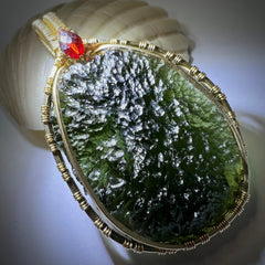 15.5g Chlum Moldavite & Faceted Garnet Bead Pendant | 14K Gold Wire Wrap Masterpiece