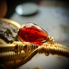 15.5g Chlum Moldavite & Faceted Garnet Bead Pendant | 14K Gold Wire Wrap Masterpiece