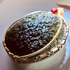15.5g Chlum Moldavite & Faceted Garnet Bead Pendant | 14K Gold Wire Wrap Masterpiece
