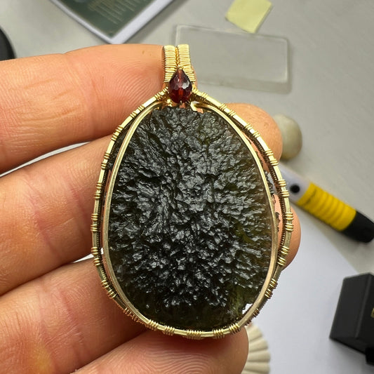15.5g Chlum Moldavite & Faceted Garnet Bead Pendant | 14K Gold Wire Wrap Masterpiece