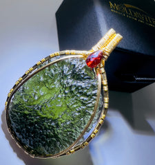 15.5g Chlum Moldavite & Faceted Garnet Bead Pendant | 14K Gold Wire Wrap Masterpiece