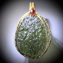 15.5g Chlum Moldavite & Faceted Garnet Bead Pendant | 14K Gold Wire Wrap Masterpiece