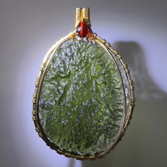 15.5g Chlum Moldavite & Faceted Garnet Bead Pendant | 14K Gold Wire Wrap Masterpiece