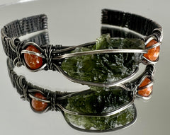 Moldavite/Silver Bracelet, Carnelian accents. (SM/adjustable)