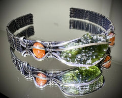 Moldavite/Silver Bracelet, Carnelian accents. (SM/adjustable)
