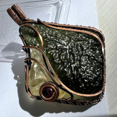 Majestic Antiqued Copper Master Wrap Pendant — Moldavite, Amethyst & Libyan Desert Glass