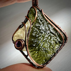 Majestic Antiqued Copper Master Wrap Pendant — Moldavite, Amethyst & Libyan Desert Glass