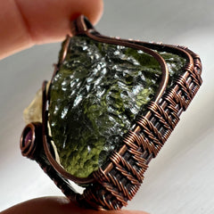 Majestic Antiqued Copper Master Wrap Pendant — Moldavite, Amethyst & Libyan Desert Glass