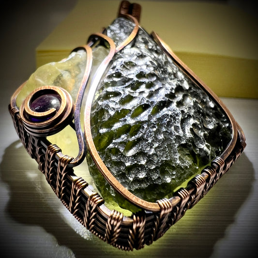 Majestic Antiqued Copper Master Wrap Pendant — Moldavite, Amethyst & Libyan Desert Glass