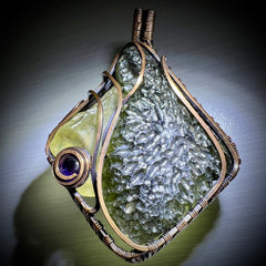 Majestic Antiqued Copper Master Wrap Pendant — Moldavite, Amethyst & Libyan Desert Glass