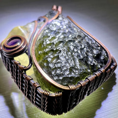 Majestic Antiqued Copper Master Wrap Pendant — Moldavite, Amethyst & Libyan Desert Glass