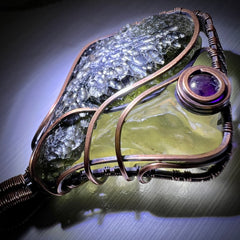 Majestic Antiqued Copper Master Wrap Pendant — Moldavite, Amethyst & Libyan Desert Glass