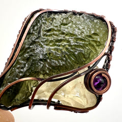 Majestic Antiqued Copper Master Wrap Pendant — Moldavite, Amethyst & Libyan Desert Glass