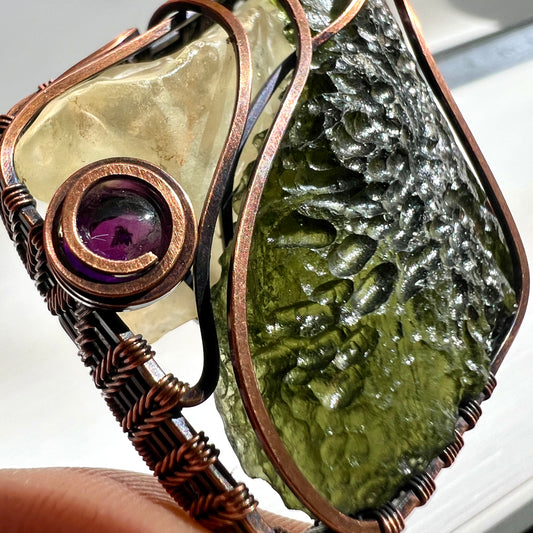 Majestic Antiqued Copper Master Wrap Pendant — Moldavite, Amethyst & Libyan Desert Glass