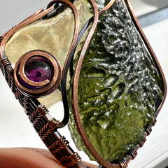 Majestic Antiqued Copper Master Wrap Pendant — Moldavite, Amethyst & Libyan Desert Glass