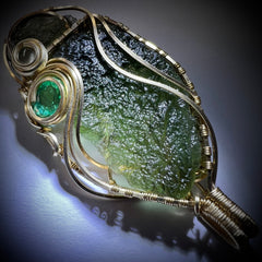 Angel Chime & Sapphire in Gold — Dual Moldavite Masterpiece