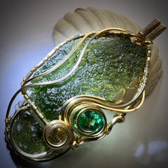 Angel Chime & Sapphire in Gold — Dual Moldavite Masterpiece