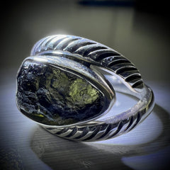 Rope Eye Shaped Moldavite Silver Ring – Size 7 (P)