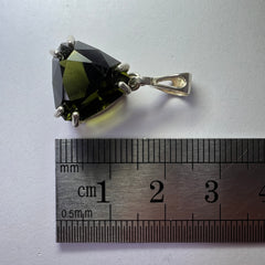 Faceted Triangle Cut Moldavite Silver Pendant, 5.96ct.