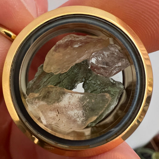 Moldavite/Herkimer/LDG Gold Locket - 30mm