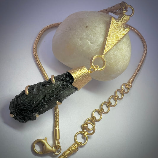 Gold Plated Moldavite Necklace, 4.80g