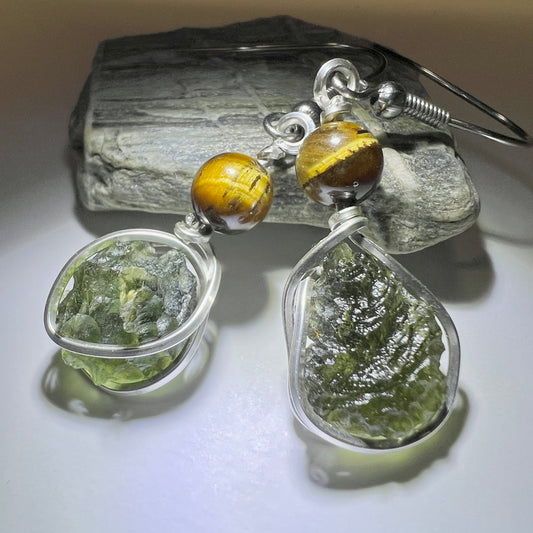 Elegant Moldavite Earrings with Tiger’s Eye Accents