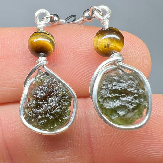 Elegant Moldavite Earrings with Tiger’s Eye Accents