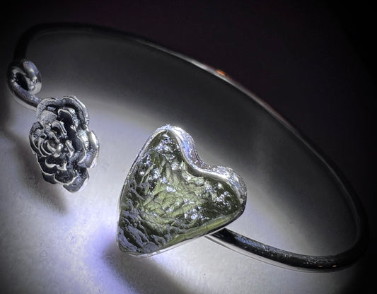 Moldavite Floral Heart Cuff Bracelet